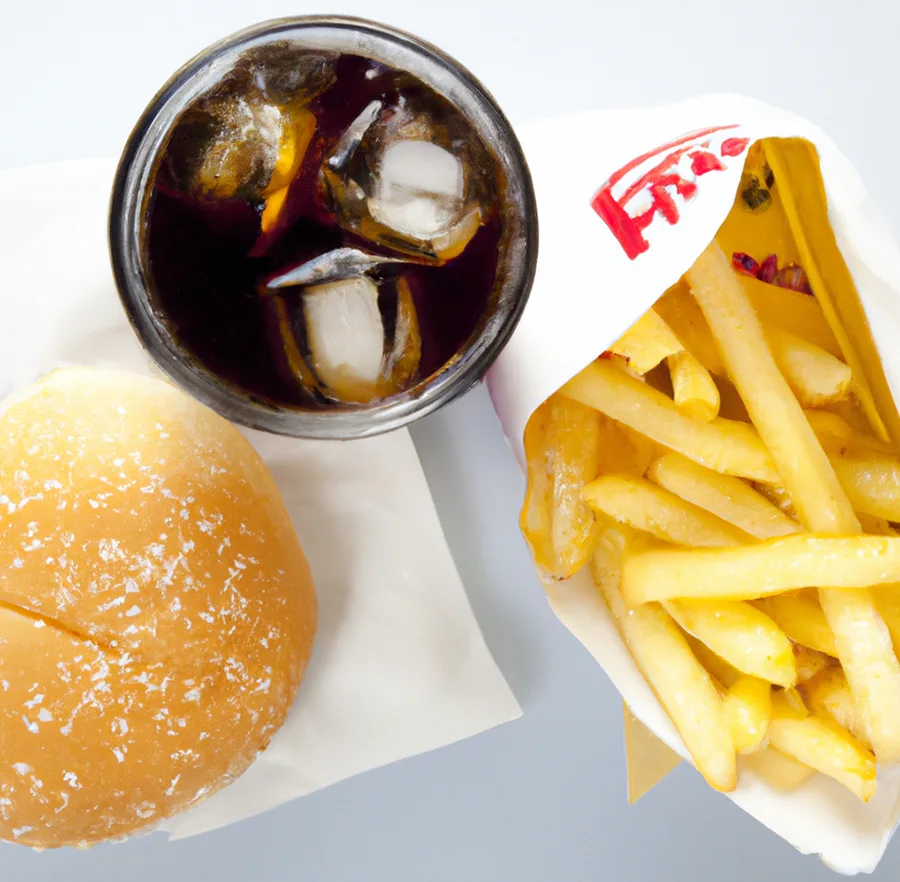 Imagen de comida industrial, hamburguesa, una bebida de cola y patatas fritas.