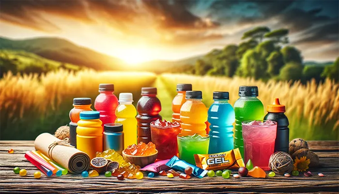 Muchos envases con geles y bebidas energéticas para la competición